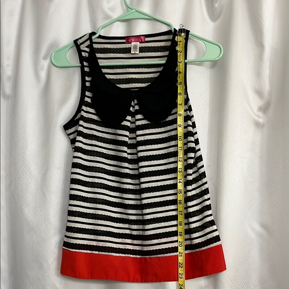 Vintage Striped Black and White Top with Red Accent